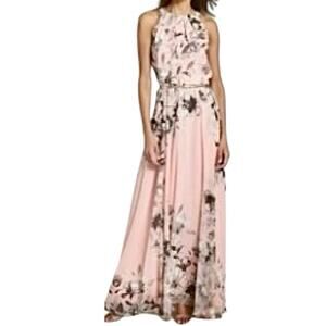 Eliza J Pink Floral Chiffon Halter Maxi Long Dress Gown Size 6